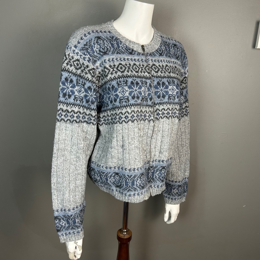 90s Fair Isle Sweater Cardigan Grunge Women's XL Route 66 Blue Gray VTG